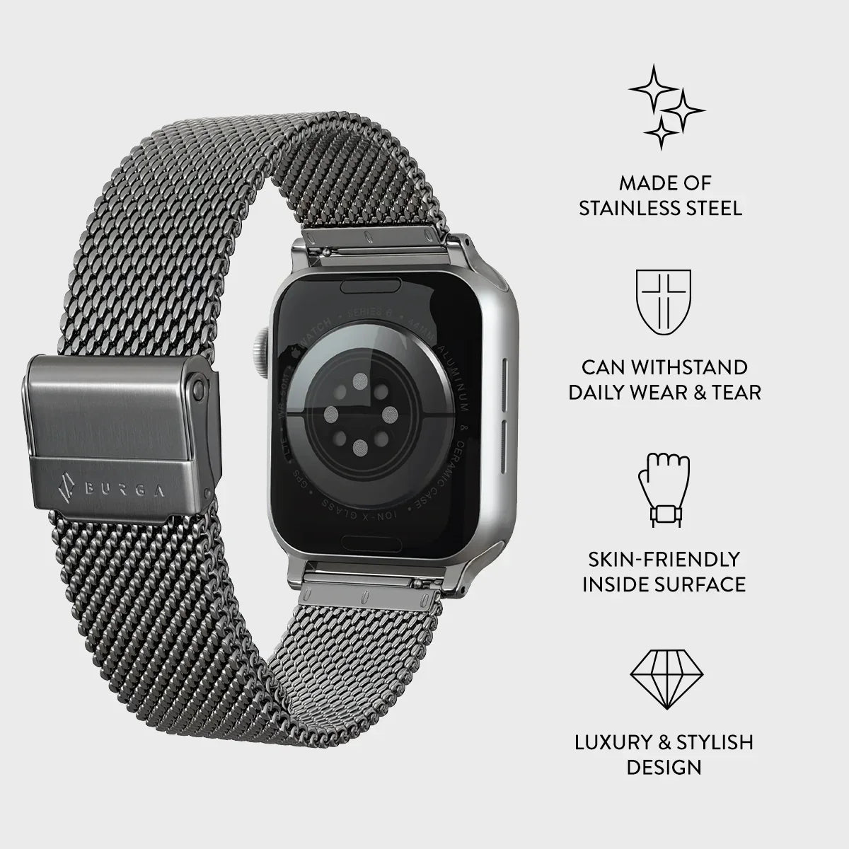 Burga Λουράκι Apple Watch 4/5/6/7/8/9/10/11 - SE (1/2/3) – 40/41/42mm - Mesh Elegance - Silver