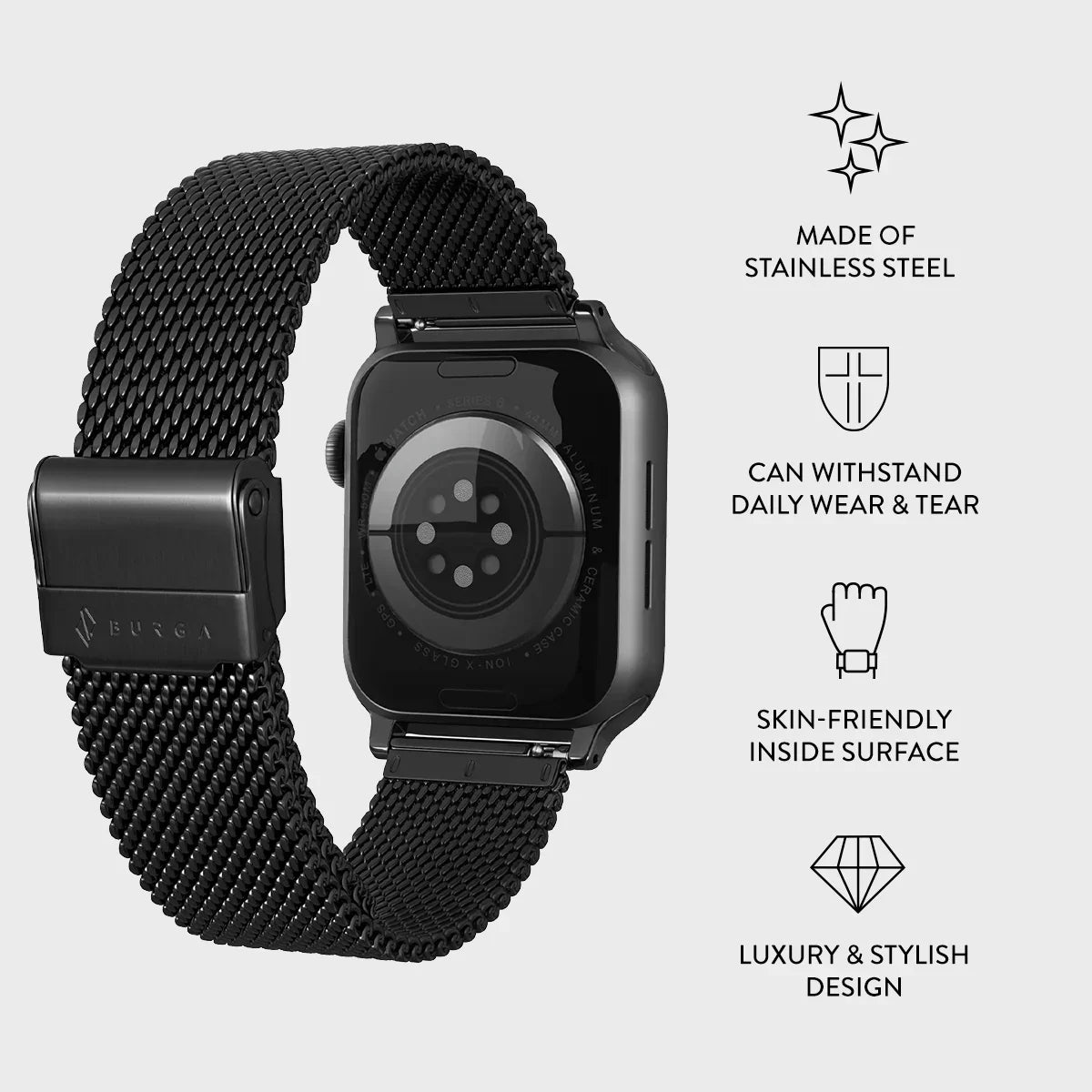 Burga Λουράκι Apple Watch 4/5/6/7/8/9/10/11 - SE (1/2/3) - Ultra (1/2/3) – 44/45/46/49mm - Mesh Elegance - Black