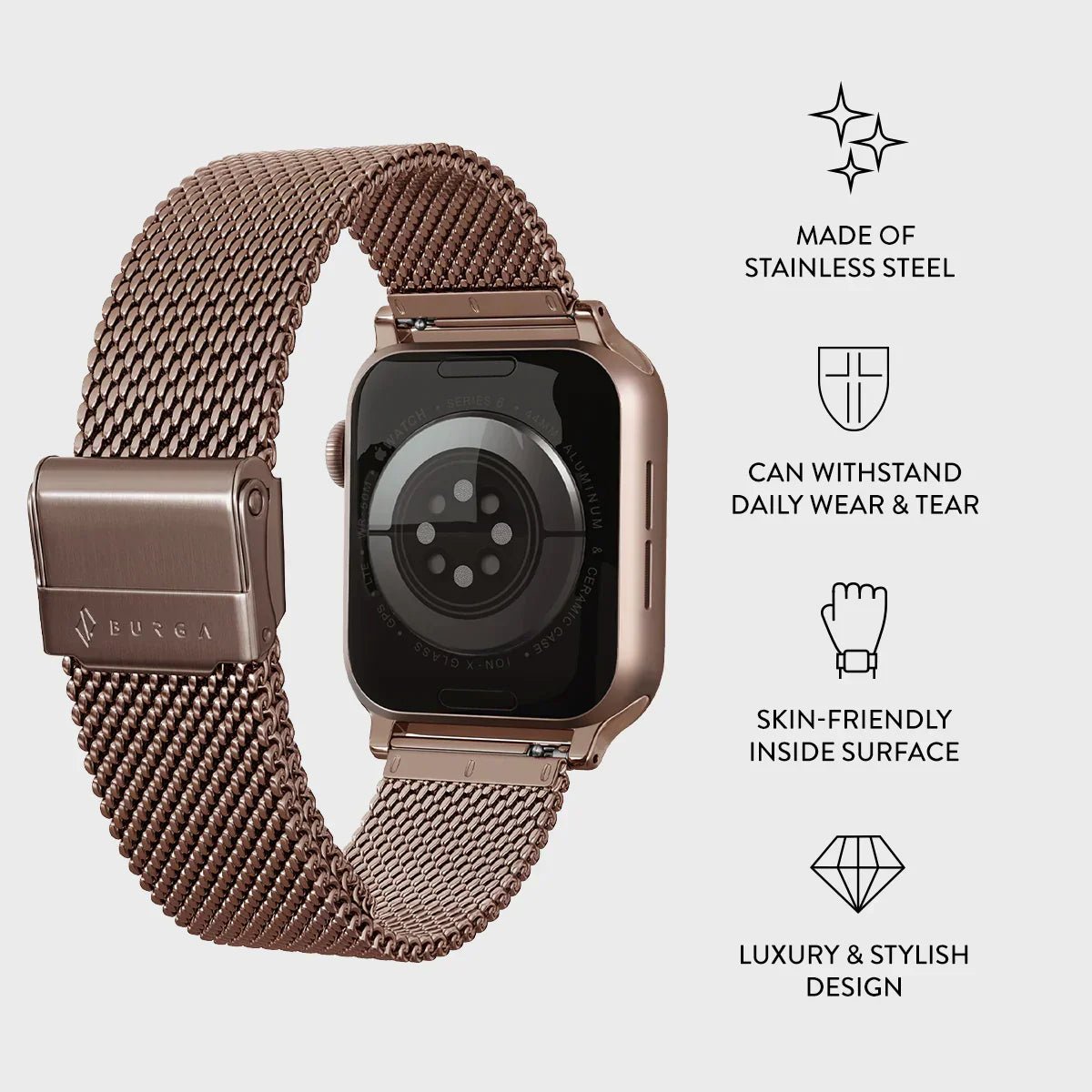 Burga Λουράκι Apple Watch 4/5/6/7/8/9/10/11 - SE (1/2/3) - Ultra (1/2/3) – 44/45/46/49mm - Mesh Elegance - Rose Gold
