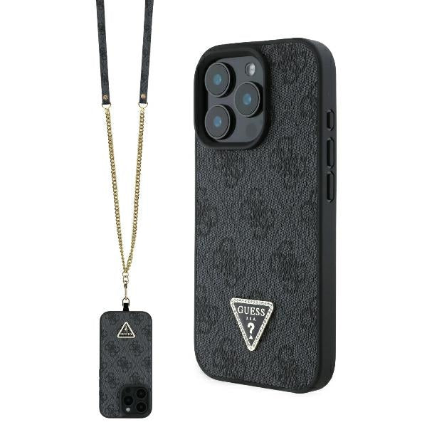 Guess iPhone 16 Pro Max - Leather Metal Logo Strass Crossbody - Θήκη με Επένδυση Συνθετικού Δέρματος και Λουράκι - Black - GUHCP16XP4TDSCPK