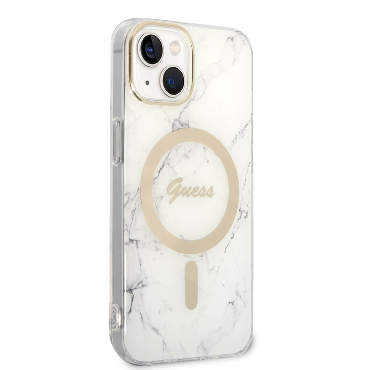 Guess iPhone 15 / 14 / 13 - Bundle Pack - Σετ Σκληρή Θήκη με Πλαίσιο Σιλικόνης και Ασύρματος Φορτιστής MagSafe - Design Marble MagSafe - White - GUBPP14SHMEACSH