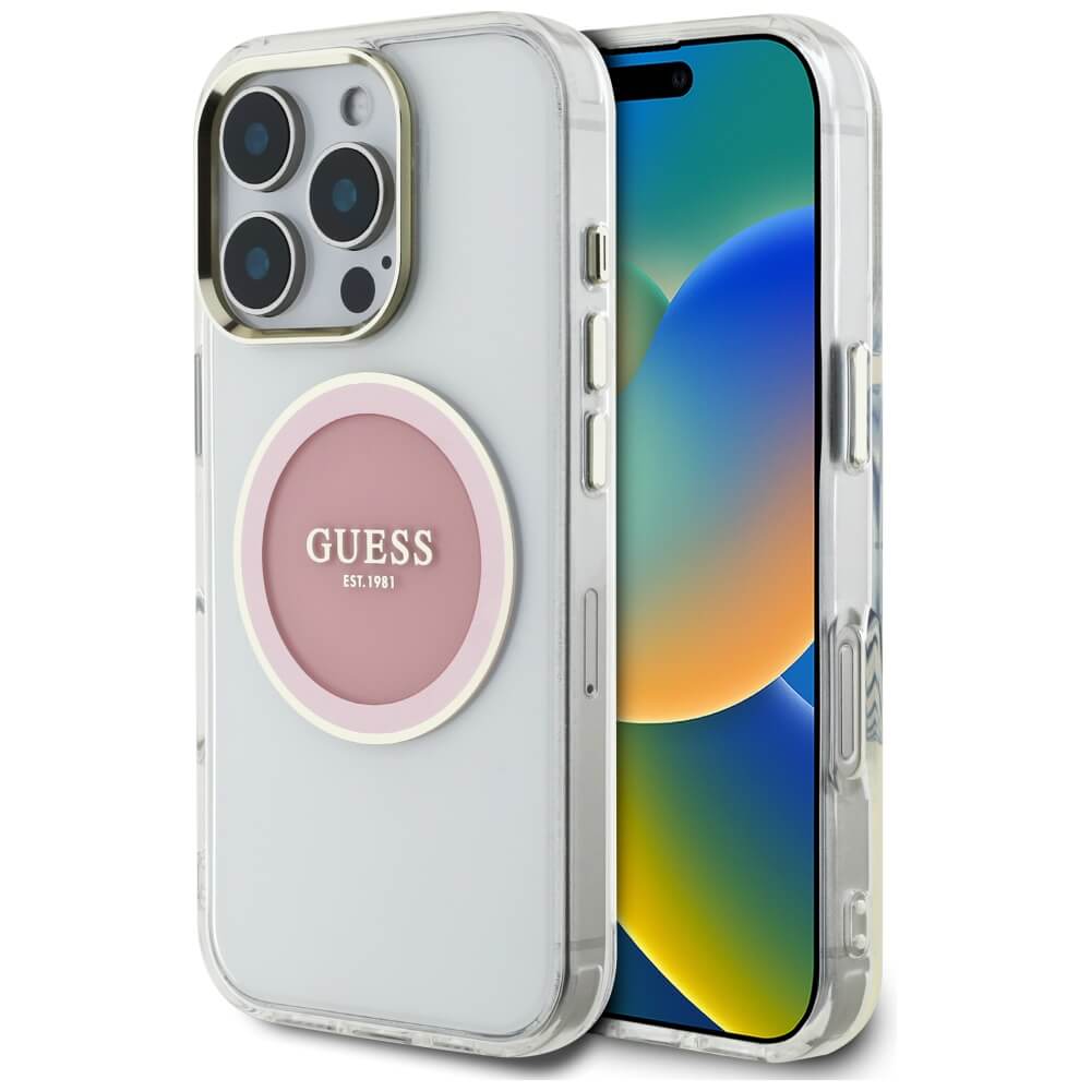 Guess iPhone 16 Pro Max IML Metal Colored Circle Classic Logo MagSafe Σκληρή Θήκη με Πλαίσιο Σιλικόνης και MagSafe - Pink - GUHMP16XHTDRCEDP