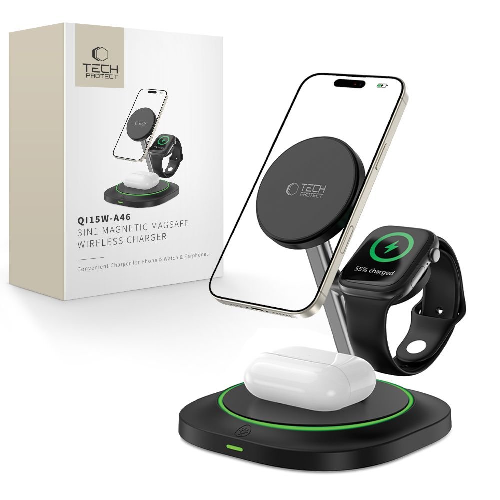 Tech - Protect QI15W - A46 3in1 Ασύρματος Μαγνητικός Φορτιστής MagSafe - Black