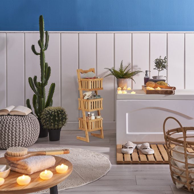 Relaxdays Ξύλινο Ράφι Μπάνιου με 3 Καλάθια - Natural - 4052025215569