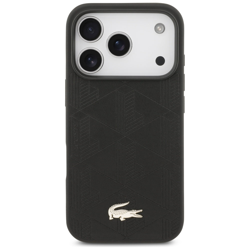Lacoste iPhone 17 Pro - Nomograme Gold Logo MagSafe - Σκληρή Θήκη με Πλαίσιο Σιλικόνης και Επένδυση Οικολογικού Δέρματος - Black