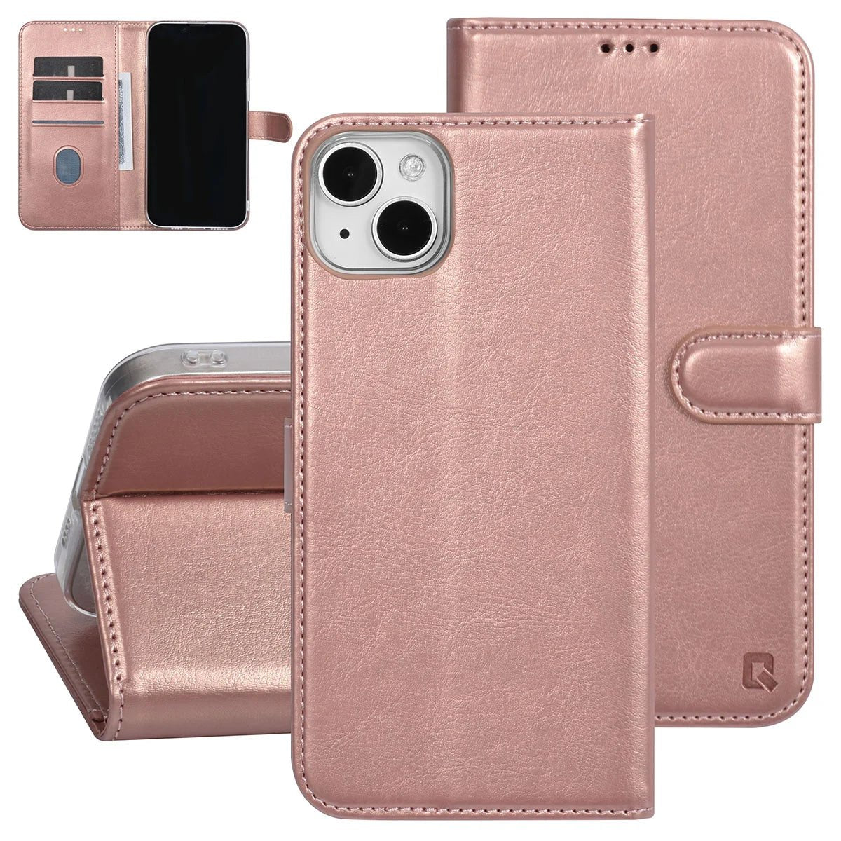 Tuniq iPhone 15 Plus / 14 Plus - Θήκη Πορτοφόλι Stand από Δερματίνη - Rose Gold