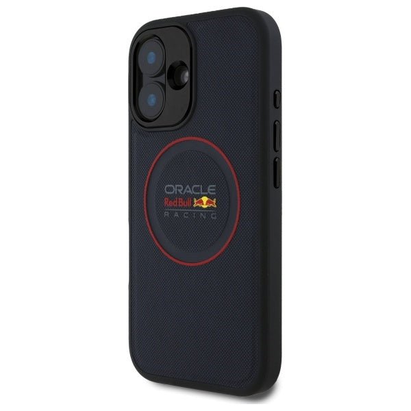 Red Bull iPhone 16 Plus - Leather Red Ring - MagSafe Σκληρή Θήκη με Επένδυση Συνθετικού Δέρματος και Πλαίσιο Σιλικόνης - Navy - RBHMP16M24PUILVR