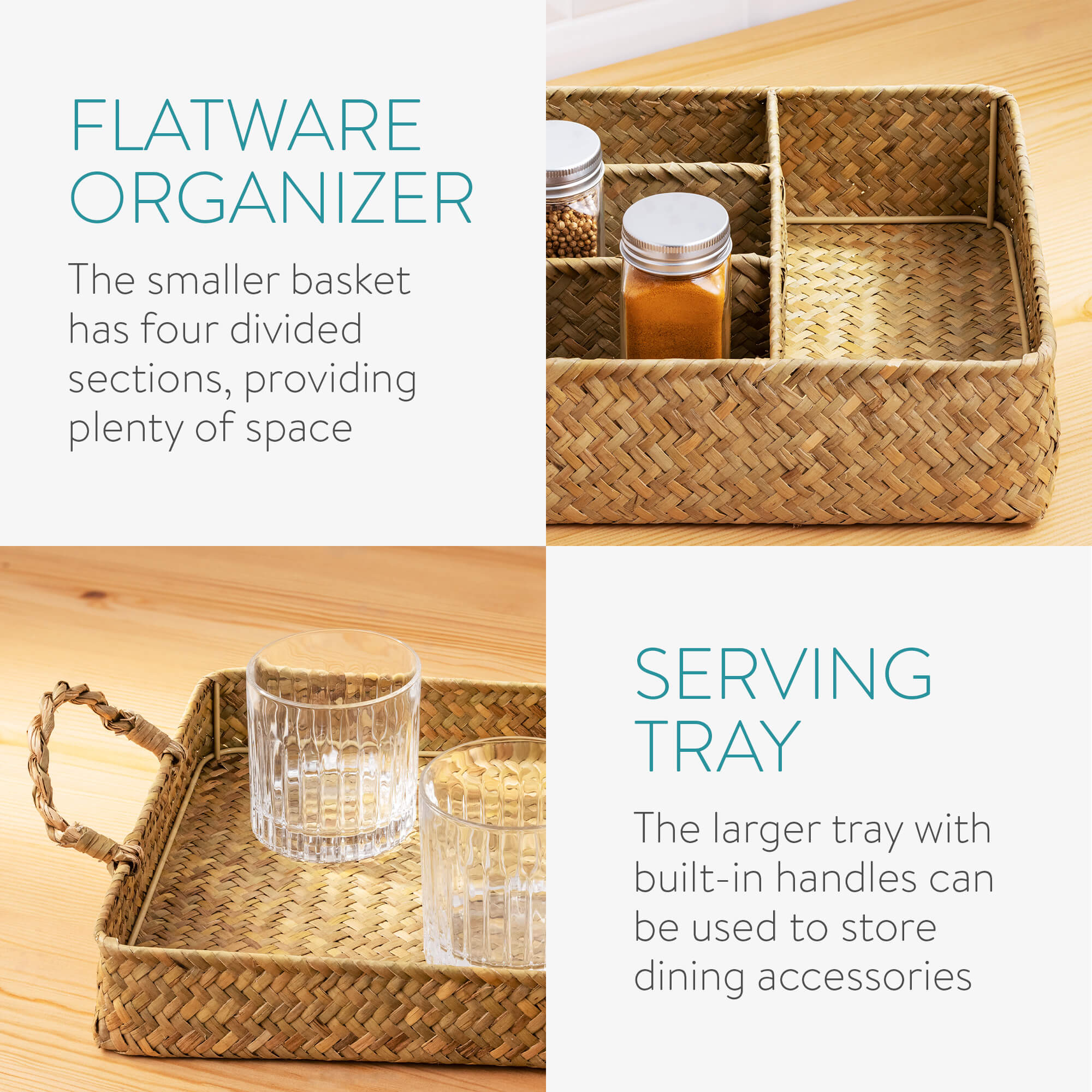 Navaris Σετ με 1 Καλάθι Αποθήκευσης και 1 Δίσκο Σερβιρίσματος από Φύκια - Light Brown - 54488.01