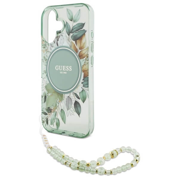 Guess iPhone 16 Plus - IML Flowers With Pearl Strap MagSafe - Σκληρή Θήκη με Πλαίσιο Σιλικόνης και Λουράκι - Green - GUHMP16MHFWBRCESN