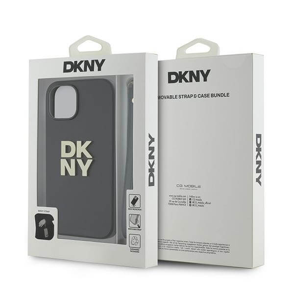 DKNY iPhone 15 Plus - Wrist Strap Stock Logo - Σκληρή Θήκη με Επένδυση Συνθετικού Δέρματος με Λουράκι - Black