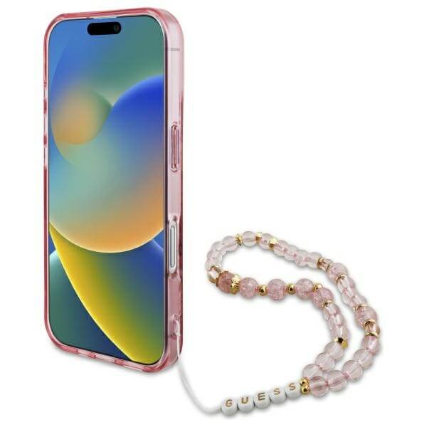 Guess iPhone 16 Plus - IML Flowers With Pearl Strap MagSafe - Σκληρή Θήκη με Πλαίσιο Σιλικόνης και Λουράκι - Pink - GUHMP16MHFWBRCESP