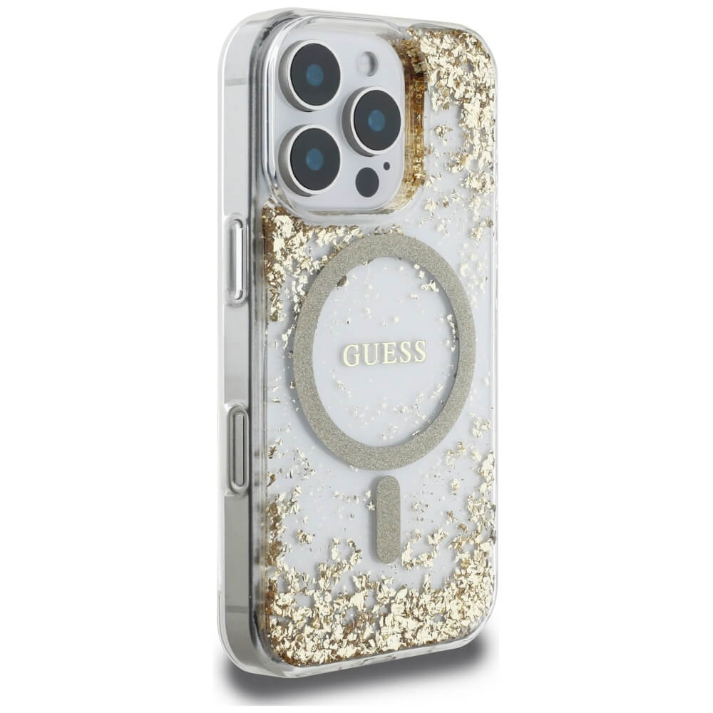 Guess iPhone 16 Pro Max - HC Resin Bottom Glitter - MagSafe Σκληρή Θήκη με Πλαίσιο Σιλικόνης - Gold - GUHMP16XRGRGED