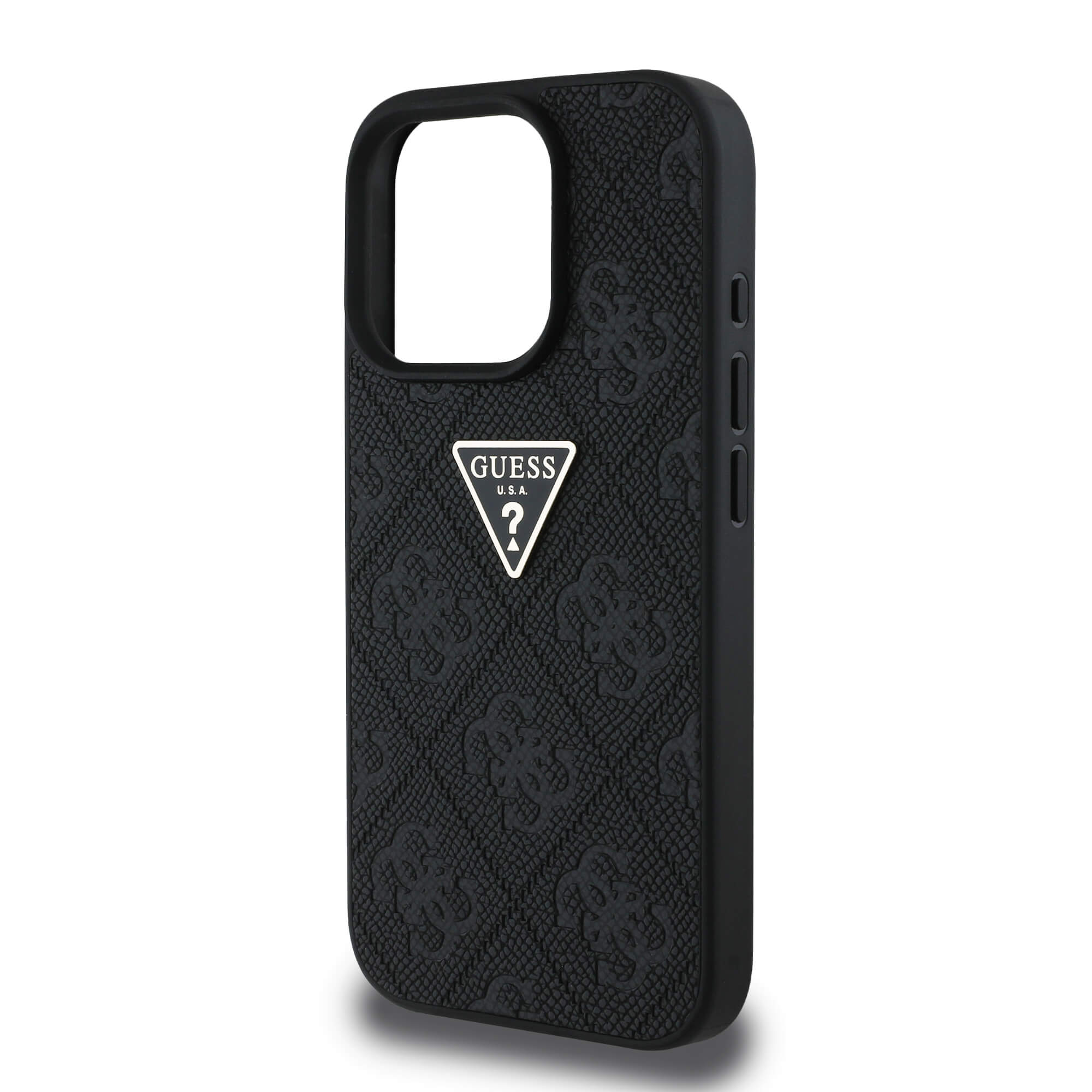 Guess iPhone 16 Pro Max - Hot Stamp 4G Pattern Triangle Metal Logo - Σκληρή Θήκη με Επένδυση Συνθετικού Δέρματος και Πλαίσιο Σιλικόνης - Black - GUHCP16XPGP4STRK