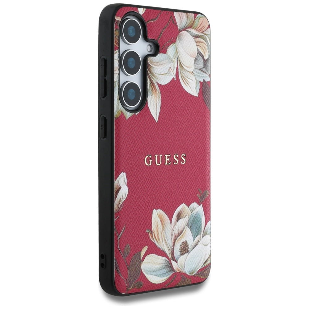 Guess Samsung Galaxy S25 - Grained Printed Flower Pattern - Θήκη με Επένδυση Συνθετικού Δέρματος και MagSafe - Fuchsia - GUHMS25SPGNMPLMF