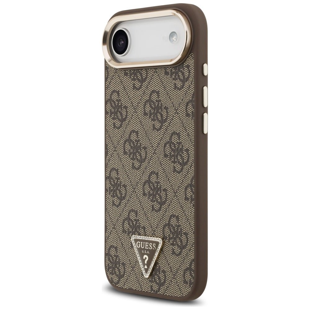 Guess iPhone Air - 4G Triangle Strass Logo MagSafe - Σκληρή Θήκη με Επένδυση Συνθετικού Δέρματος - Brown / Gold - GUHMP17MP4GTDGMW