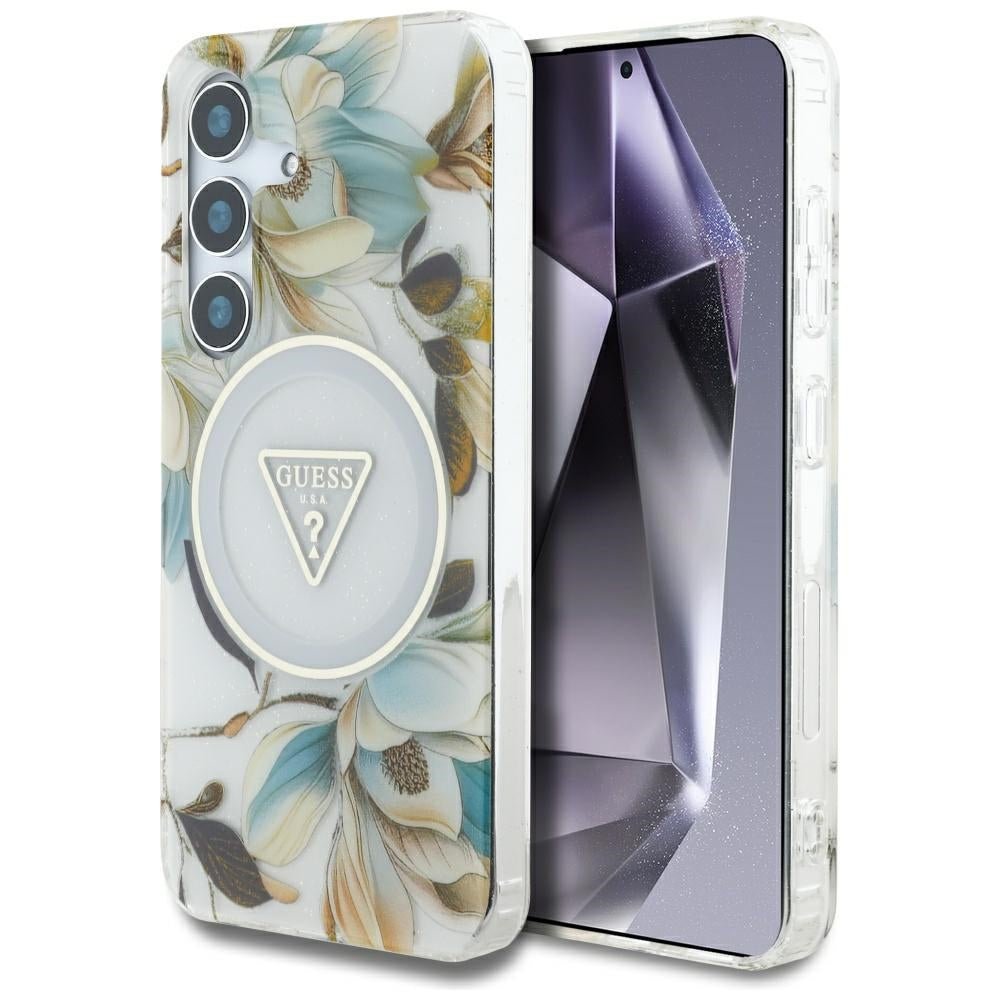 Guess Samsung Galaxy S25 - Glitter Flowers Triangle Buttons MagSafe - Σκληρή Θήκη με Πλαίσιο Σιλικόνης - White - GUHMS25SHFLPEDH