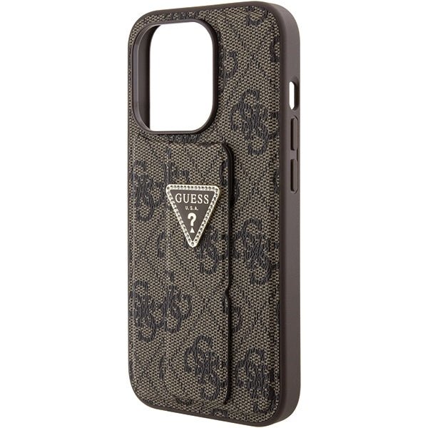 Guess iPhone 15 Pro Max Grip Stand 4G Triangle Strass Logo Θήκη με Επένδυση Συνθετικού Δέρματος και Stand - Brown - GUHCP15XPGS4TDW