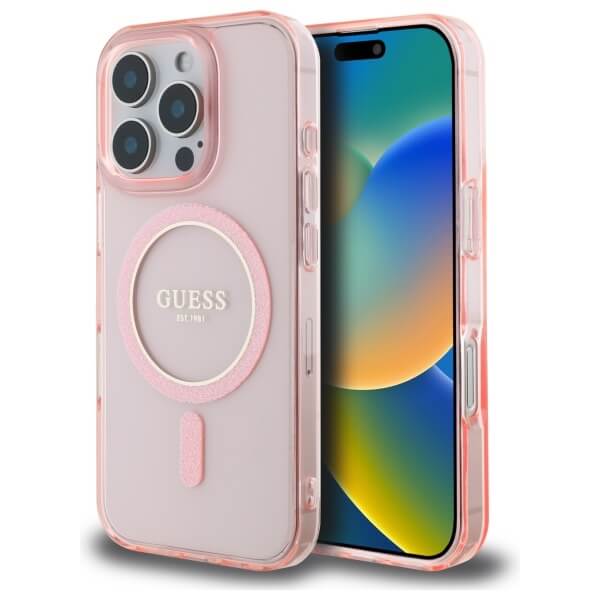 Guess iPhone 16 Pro - IML Glitter Circle MagSafe - Σκληρή Θήκη με Πλαίσιο Σιλικόνης - Pink - GUHMP16LHFGEREP