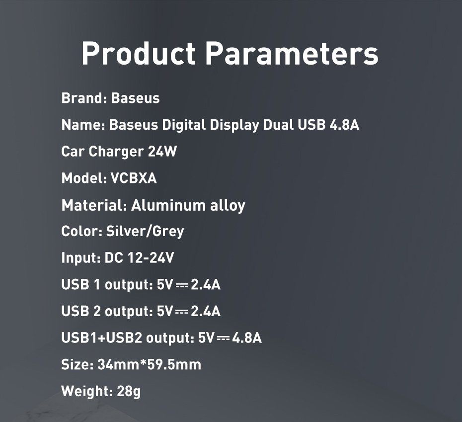 Baseus Digital Display Φορτιστής Αυτοκινήτου 4.8A με Δύο Θύρες USB - Silver - CCBX - 0S
