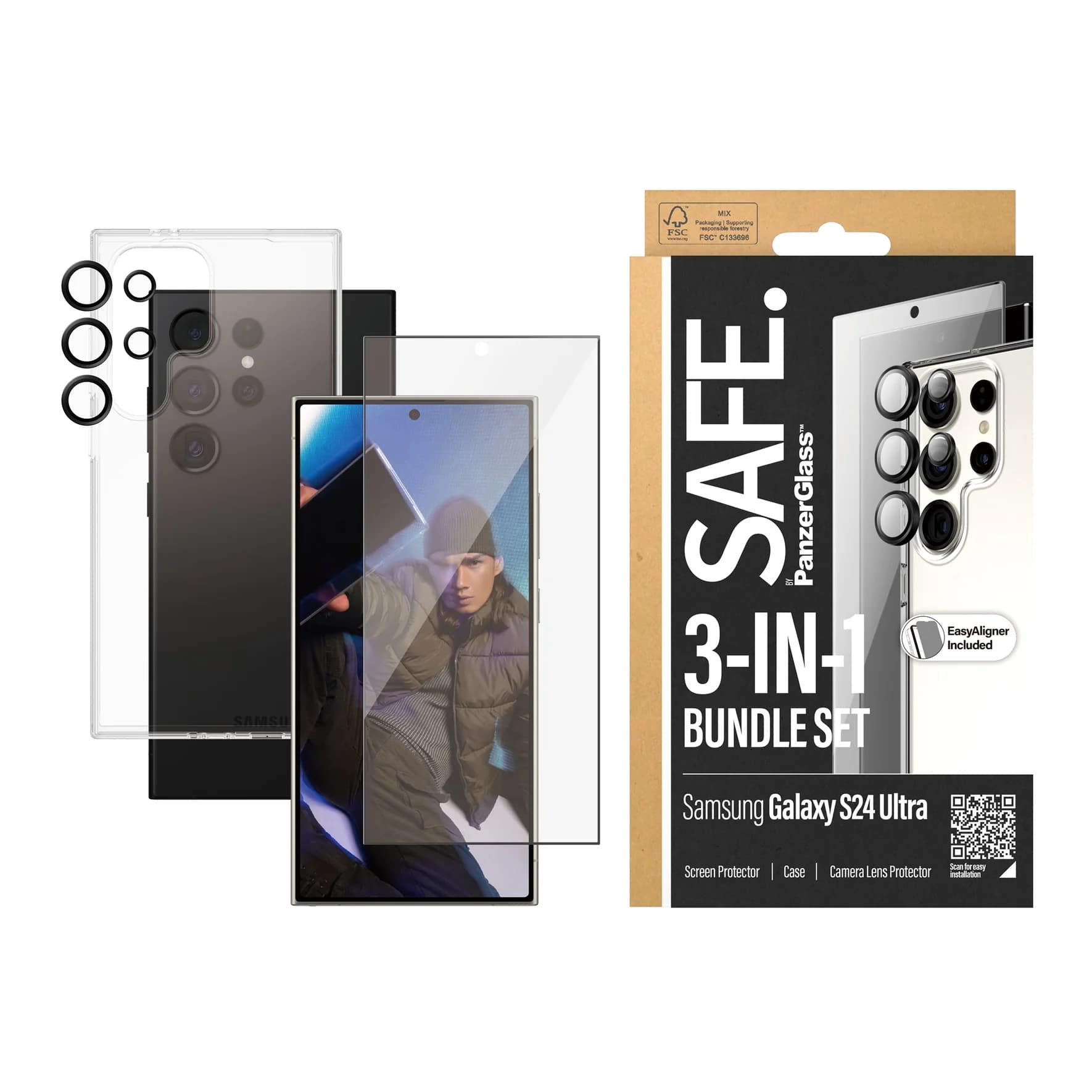 Safe by PanzerGlass Samsung Galaxy S24 Ultra - 3 - in - 1 Bundle Set - Σετ με 1 Αντιχαρακτικό Γυαλί Οθόνης, 1 Αντιχαρακτικό Γυαλί για την Κάμερα και 1 Θήκη Σιλικόνης - Clear