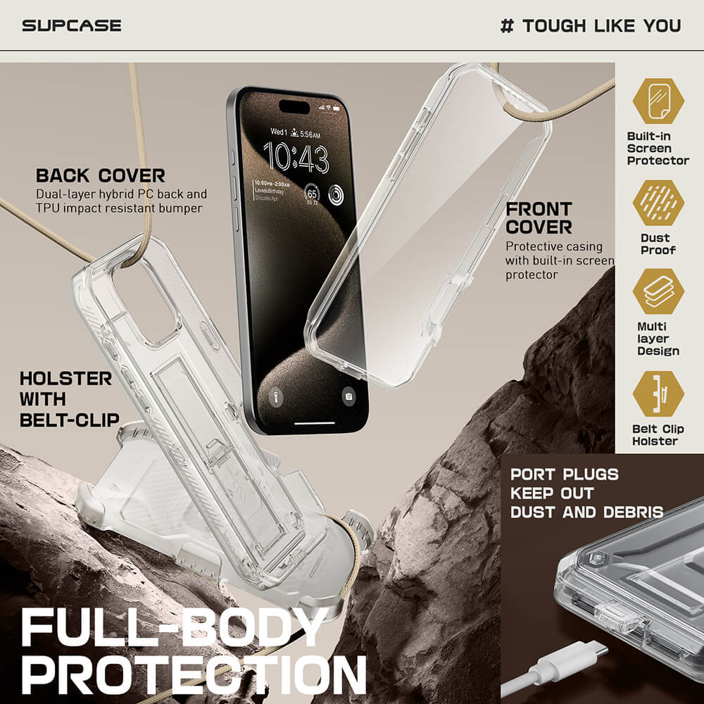 Supcase iPhone 16 Pro Max Unicorn Beetle Pro Σκληρή Θήκη με Προστασία Οθόνης και Stand - Διάφανη