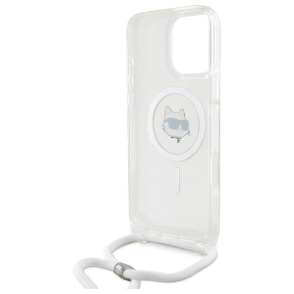 Karl Lagerfeld iPhone 16 Pro Max - IML Choupette Head and Cord - MagSafe Σκληρή Θήκη με Πλαίσιο Σιλικόνης και Λουράκι - Διάφανη - KLHMP16XHCCHNT