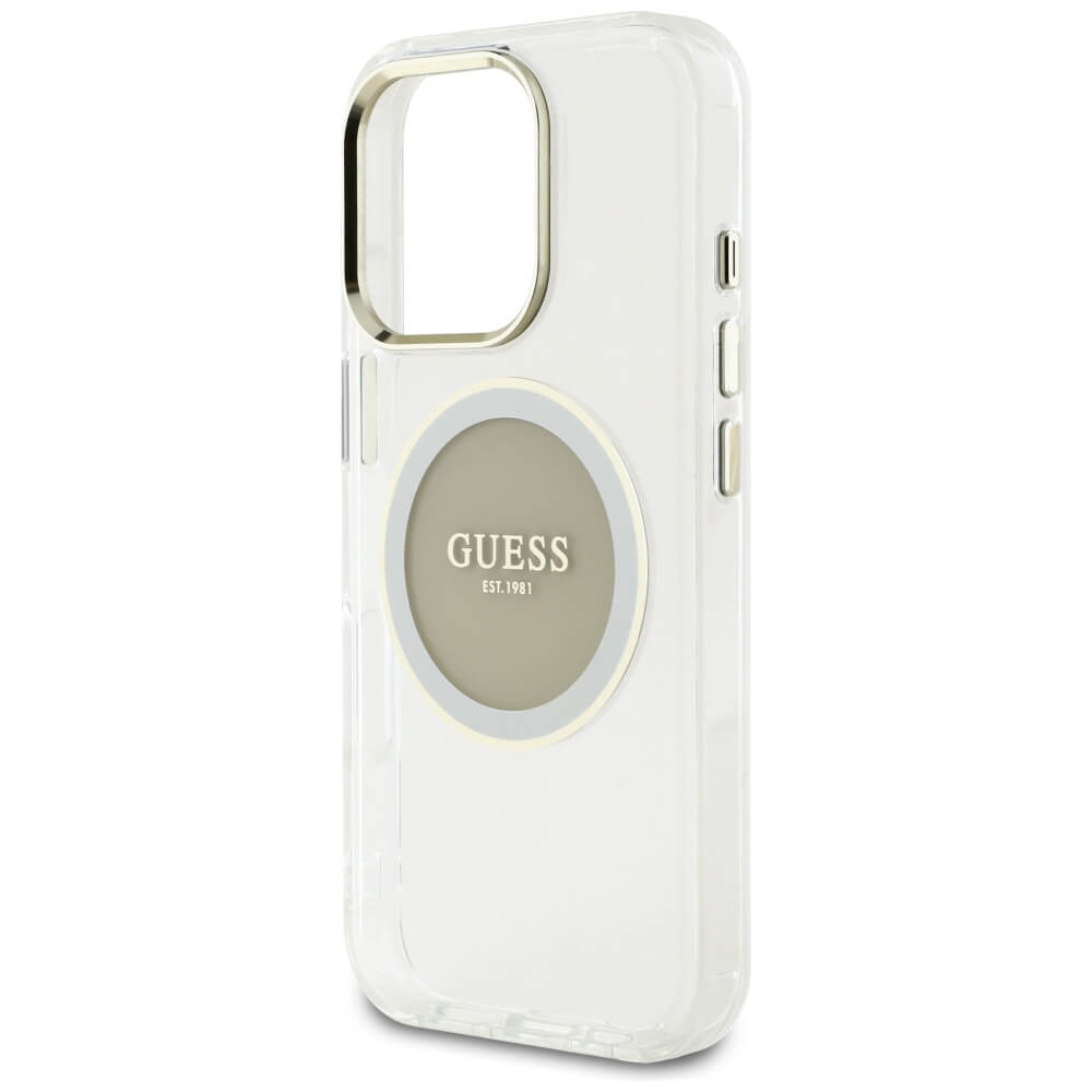 Guess iPhone 16 Pro IML Metal Colored Circle Classic Logo MagSafe Σκληρή Θήκη με Πλαίσιο Σιλικόνης και MagSafe - Grey - GUHMP16LHTDRCEDG