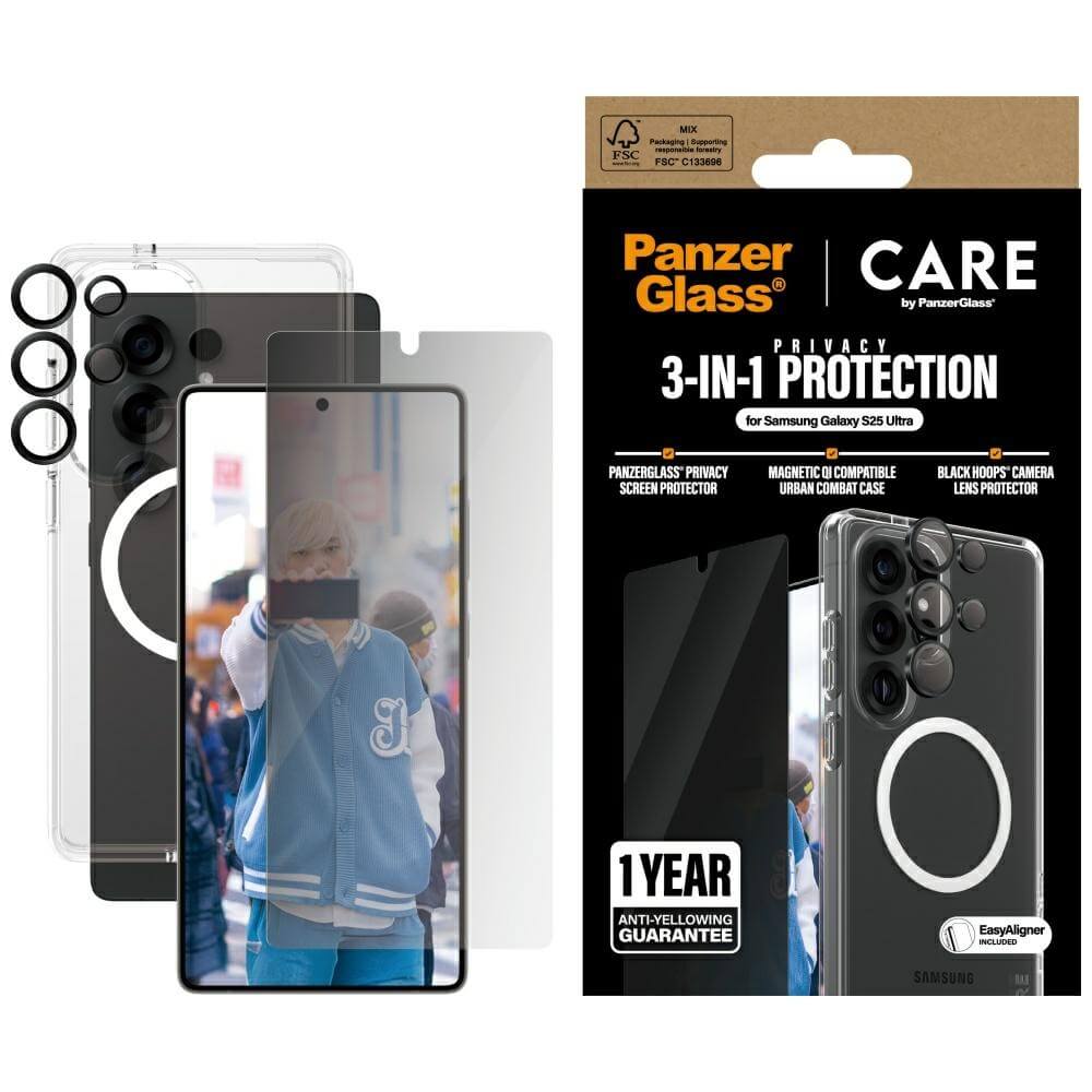 Care by PanzerGlass Samsung Galaxy S25 Ultra - Flagship 3in1 Σετ με 1 Αντιχαρακτικό Γυαλί Οθόνης Privacy, 1 Αντιχαρακτικό Γυαλί για την Κάμερα και 1 Σκληρή Θήκη - Clear