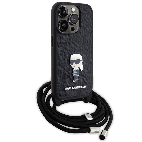 Karl Lagerfeld iPhone 15 Pro - Crossbody Saffiano Monogram Metal Pin Karl Choupette Σκληρή Θήκη με Επένδυση Συνθετικού Δέρματος και Λουράκι - Black - KLHCP15LSASKNPSK