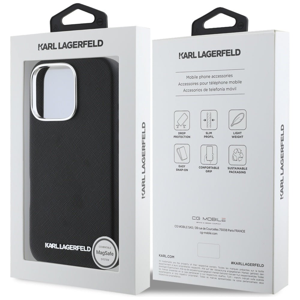 Karl Lagerfeld iPhone 16 Pro Max - Saffiano Full Wrapped Elongated Metal Logo - MagSafe Σκληρή Θήκη με Επένδυση Συνθετικού Δέρματος και Πλαίσιο Σιλικόνης - Black - KLHMP16XPSAFWMCK