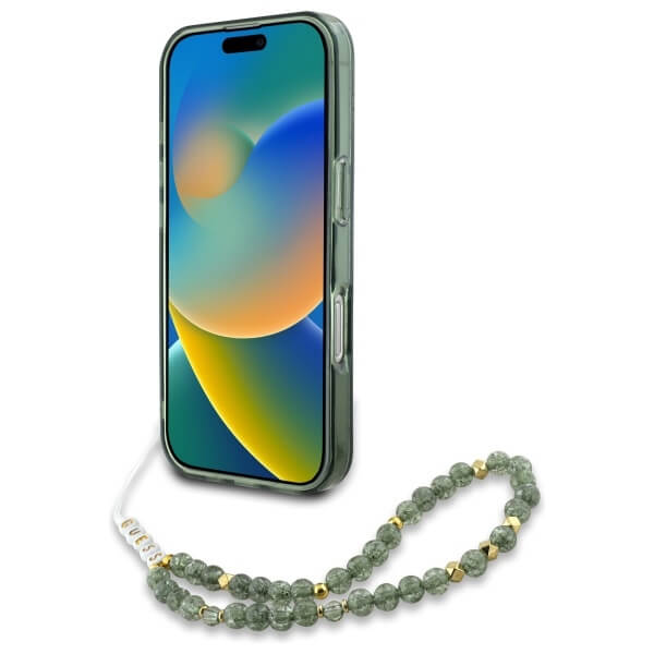 Guess iPhone 16 - IML Flowers Allover Electro With Pearl Strap MagSafe - Σκληρή Θήκη με Πλαίσιο Σιλικόνης και Λουράκι - White / Green - GUHMP16SHCPOFPA
