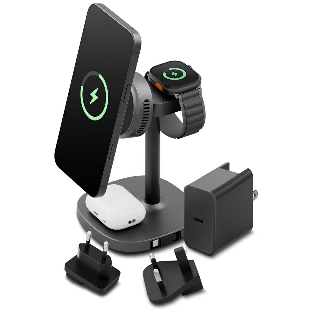 Energea MagArctic Stand - 4in1 Ασύρματος Φορτιστής MagSafe / Σταθμός Φόρτισης με Ενσωματωμένο Καλώδιο Type - C και Φορτιστή Τοίχου με Εναλλάξιμα Βύσματα - Gunmetal