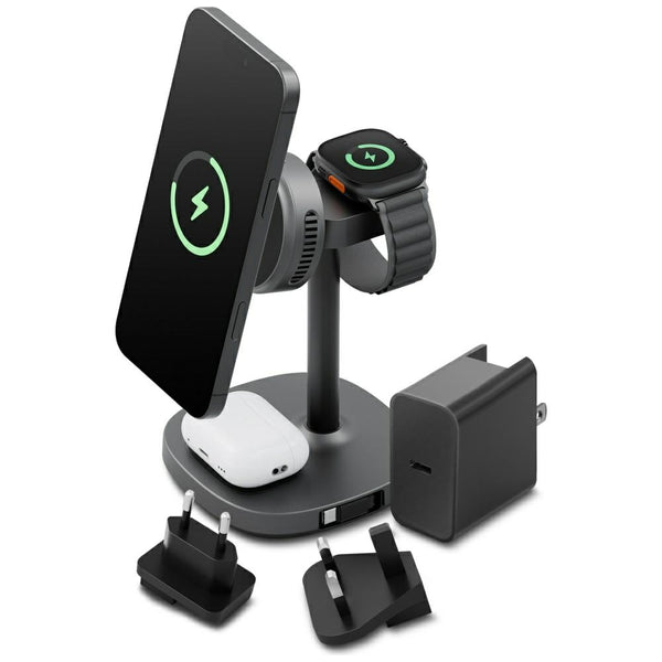 Energea MagArctic Stand - 4in1 Ασύρματος Φορτιστής MagSafe / Σταθμός Φόρτισης με Ενσωματωμένο Καλώδιο Type - C και Φορτιστή Τοίχου με Εναλλάξιμα Βύσματα - Gunmetal