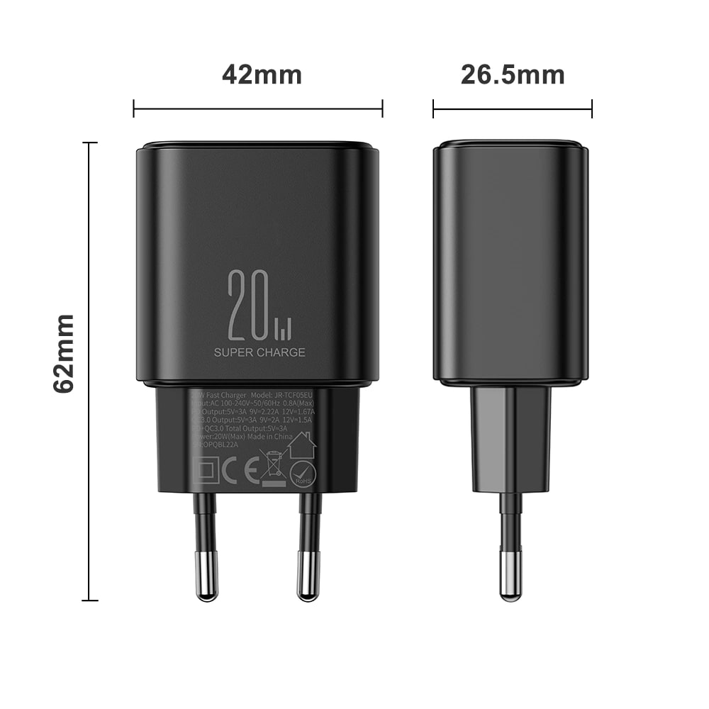 Joyroom PD 20W Οικιακός Φορτιστής Γρήγορης Φόρτισης με Θύρα USB και Θύρα Type - C και Καλώδιο Type - C to Type - C - Black - JR - TCF05