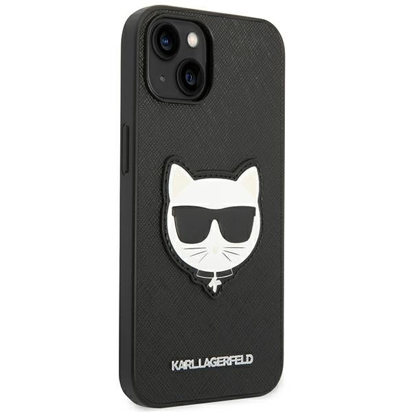 Karl Lagerfeld iPhone 14 - Saffiano Choupette Head Patch Σκληρή Θήκη με Επένδυση Συνθετικού Δέρματος και Πλαίσιο Σιλικόνης - Black - KLHCP14SSAPCHK