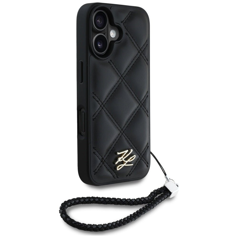 Karl Lagerfeld iPhone 16 - Quilted Initial Logo and Chain Strap - Θήκη με Επένδυση Συνθετικού Δέρματος και Λουράκι - Black - KLHCP16SPSQSKLSMSK