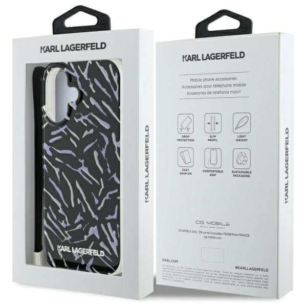 Karl Lagerfeld iPhone 16 Plus - Zebra with Cord - Σκληρή Θήκη με Πλαίσιο Σιλικόνης και Λουράκι - Purple - KLHCP16MHZBPKCCU