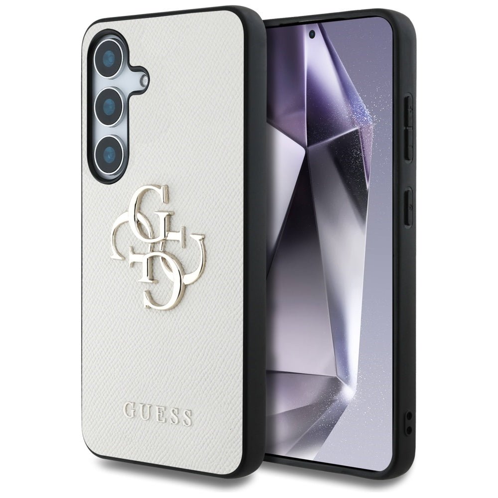 Guess Samsung Galaxy S25 - Grained Big 4G Logo Small Classic Logo - Σκληρή Θήκη με Επένδυση από Οικολογικό Δέρμα - Beige - GUHCS25SPGT4MBE