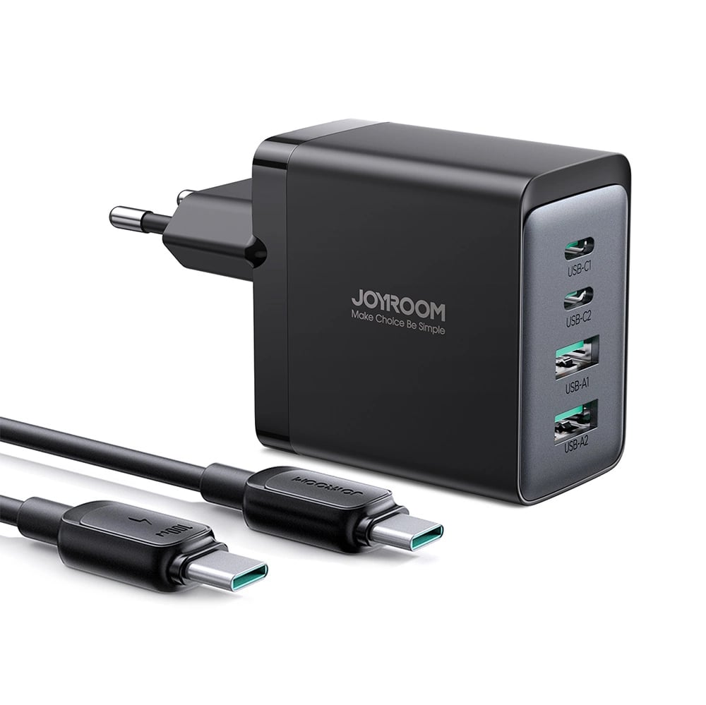 JOYROOM JR - TCG02 GAN 67W Οικιακός Φορτιστής Γρήγορης Φόρτισης με 2 Θύρες Type - C και 2 Θύρες USB και Καλώδιο Type - C to Type - C 100W - Black