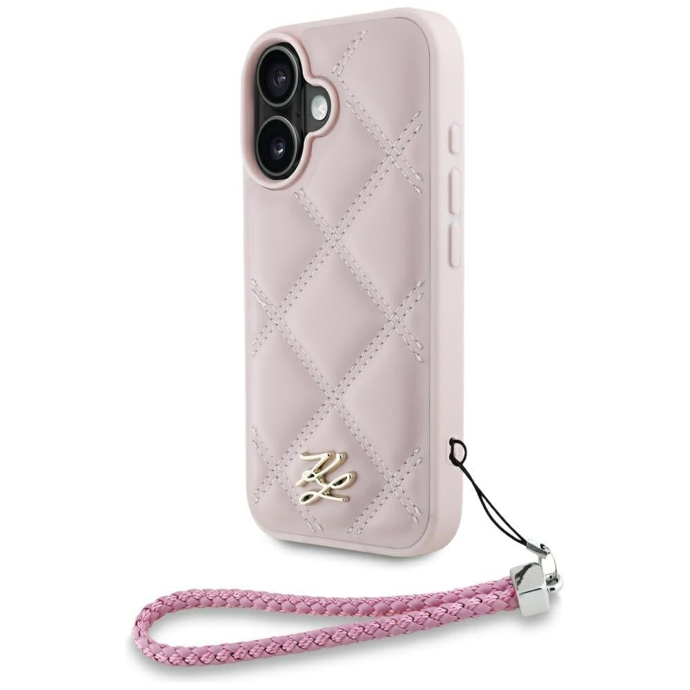 Karl Lagerfeld iPhone 16 - Quilted Initial Logo and Chain Strap - Θήκη με Επένδυση Συνθετικού Δέρματος και Λουράκι - Pink - KLHCP16SPSQSKLSMSP