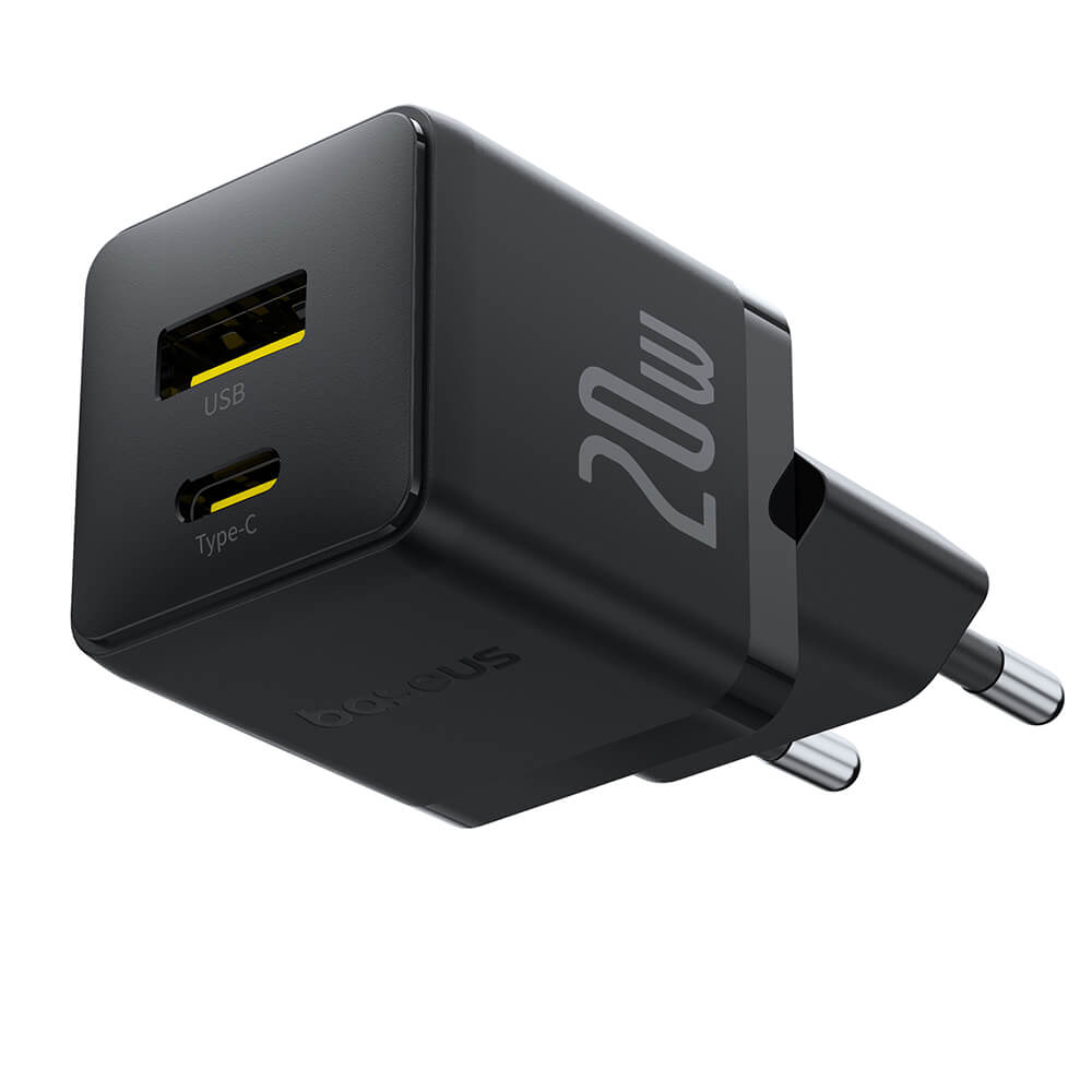 Baseus Palm Οικιακός Φορτιστής Γρήγορης Φόρτισης 20W με 1 Θύρα Type - C και 1 Θύρα USB και Καλώδιο Type - C to Type - C - Cluster Black