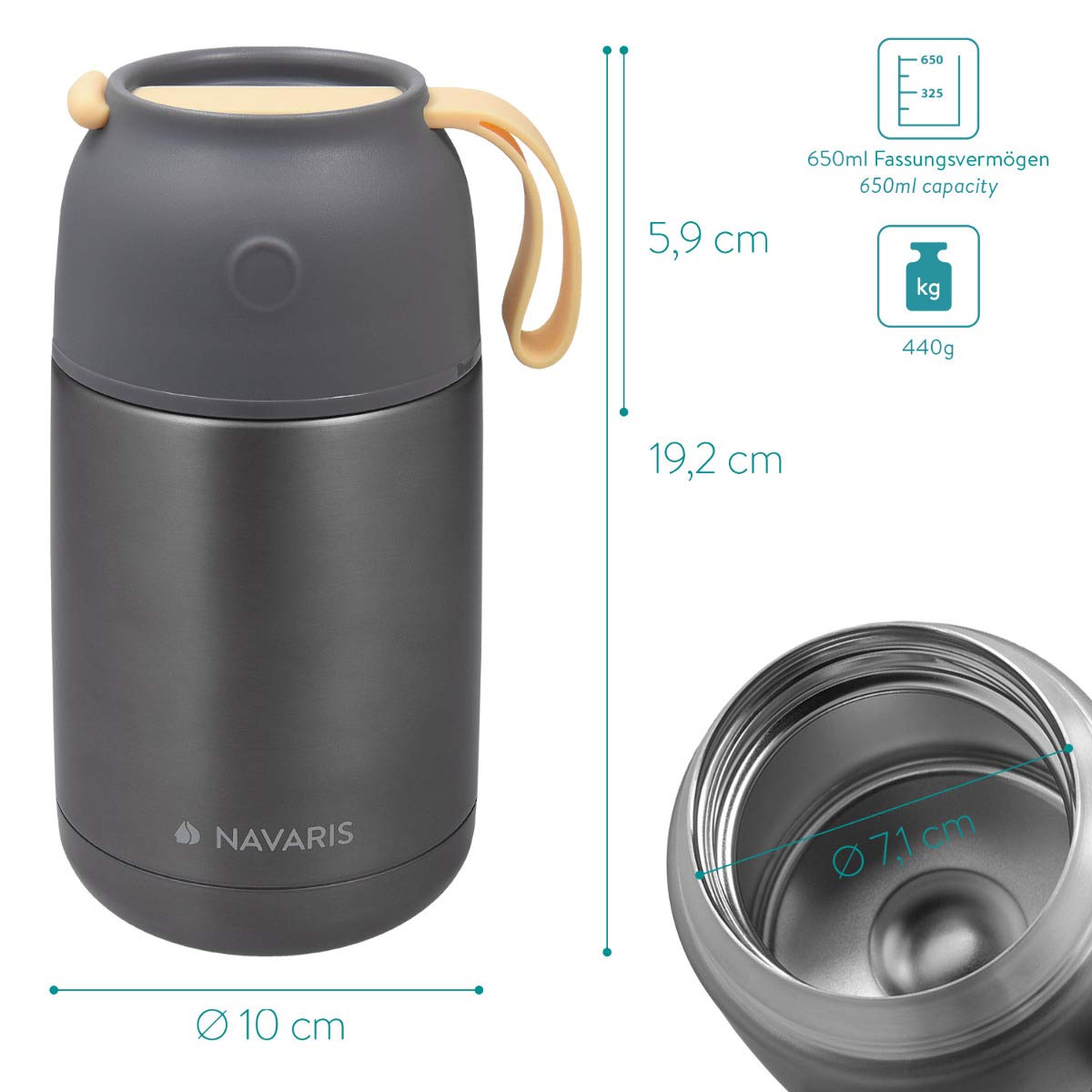 Navaris Vacuum Insulated Food Jar Θερμός από Ανοξείδωτο Ατσάλι με Καπάκι - Δοχείο Για Φαγητό - 650ml - Dark Gray - 47325.2.19