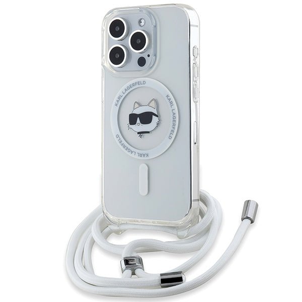 Karl Lagerfeld iPhone 15 Pro Max - IML Choupette Head and Cord - MagSafe Σκληρή Θήκη με Πλαίσιο Σιλικόνης και Λουράκι - Διάφανη - KLHMP15XHCCHNT