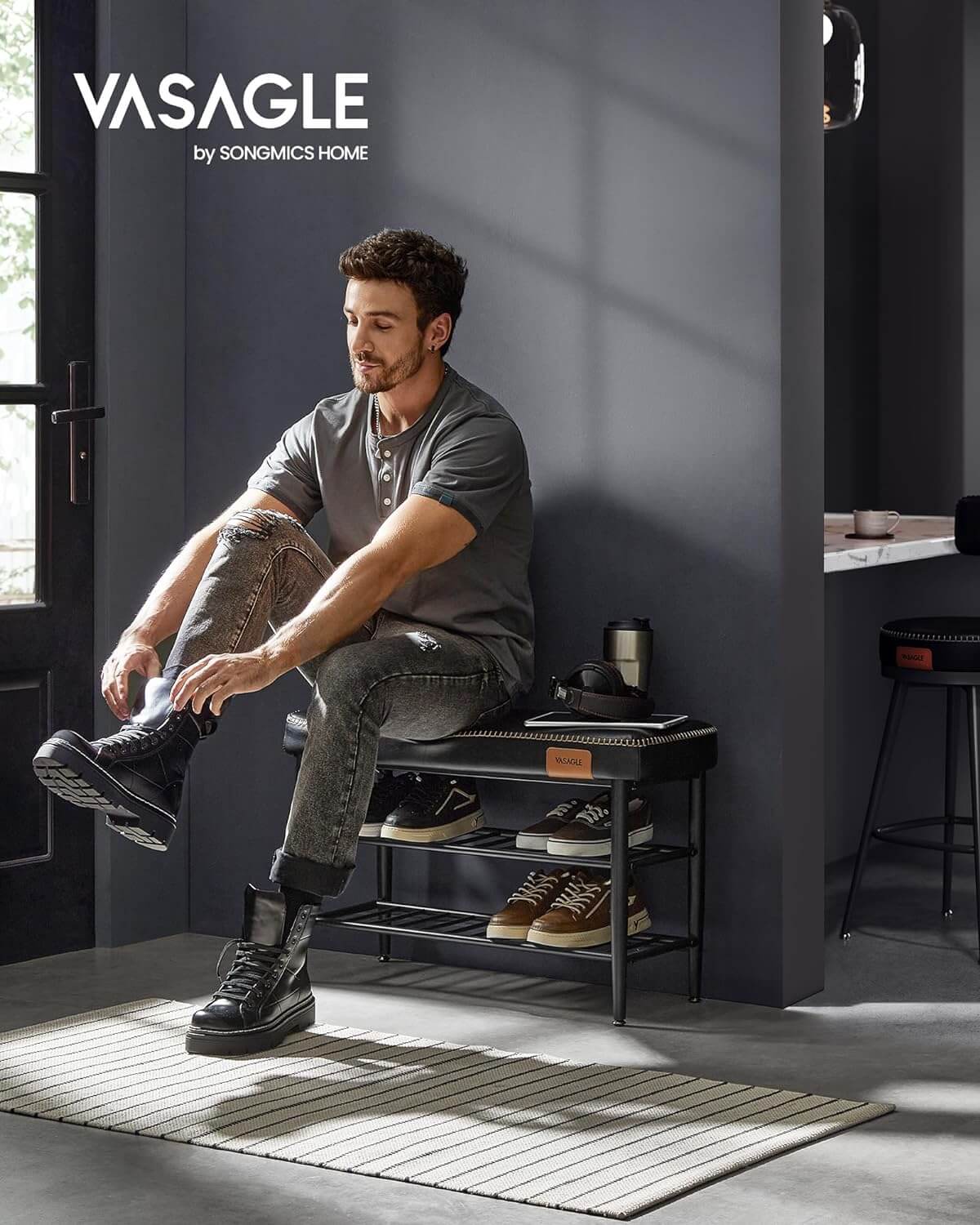 Vasagle EKHO Πάγκος / Σκαμπό με Κάθισμα από Συνθετικό δέρμα και 2 Ράφια - 30 x 80 x 50 cm - Ink Black - LSB054BH01