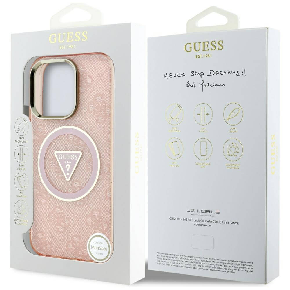 Guess iPhone 16 Pro - IML Metal Glitter 4G Circle Triangle MagSafe - Σκληρή Θήκη με Πλαίσιο Σιλικόνης και MagSafe - Pink - GUHMP16LHG4PRTGP