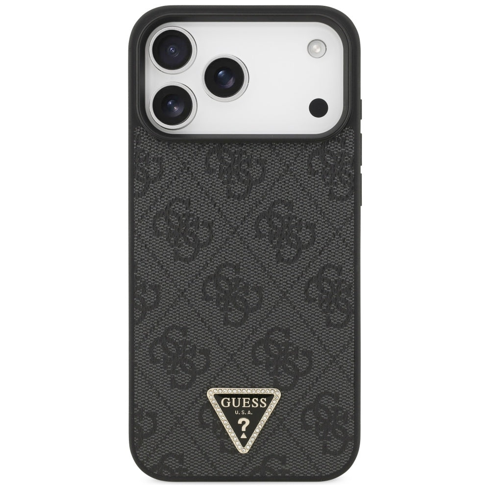Guess iPhone 17 Pro Max - 4G Triangle Strass MagSafe - Σκληρή Θήκη με Επένδυση Συνθετικού Δέρματος - Black - GUHMP17XP4TDPLK