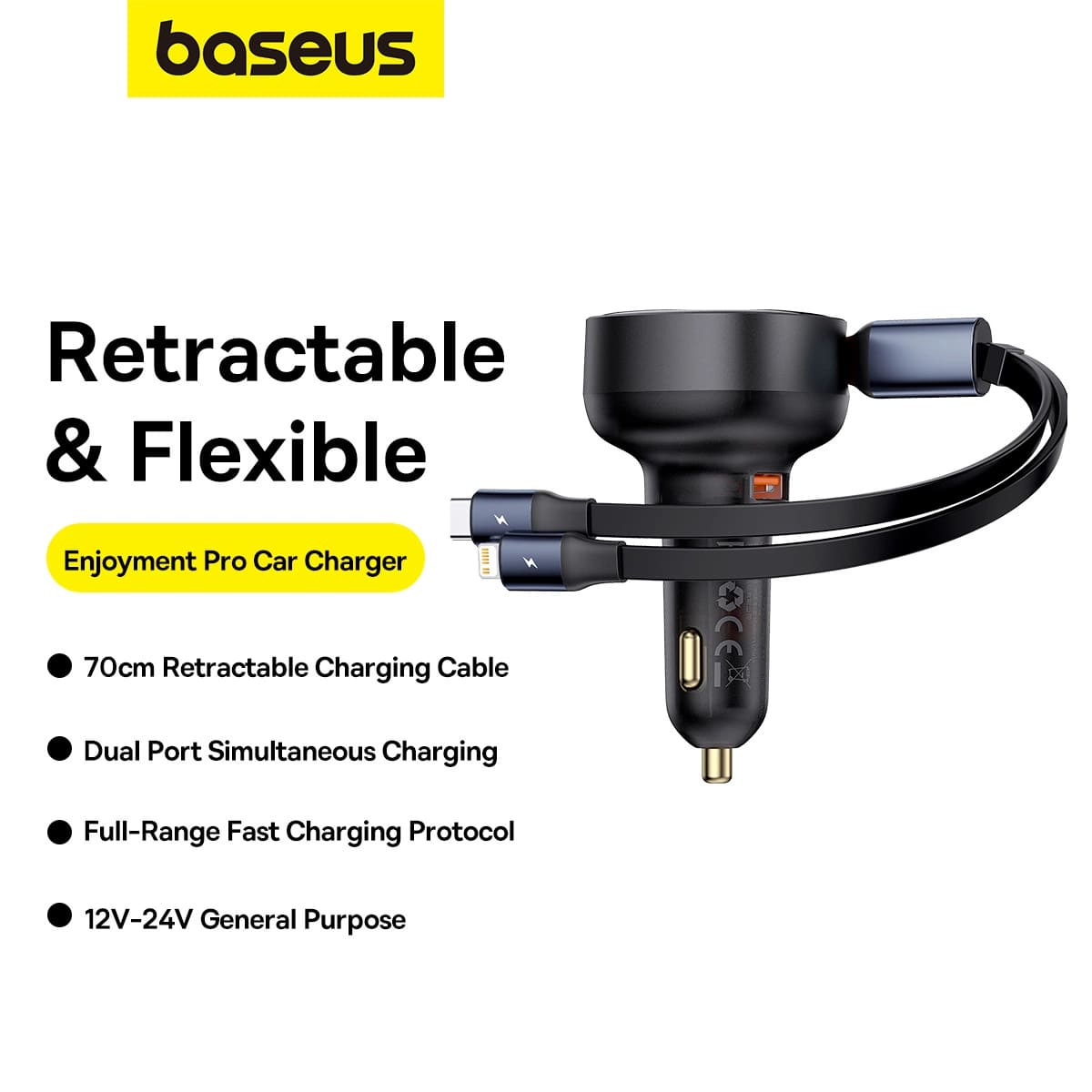 Baseus Enjoyment Pro Φορτιστής Αυτοκινήτου με Θύρα USB και Ενσωματωμένα Καλώδια Type - C και Lightning 60W - Black - C00057802111 - 02