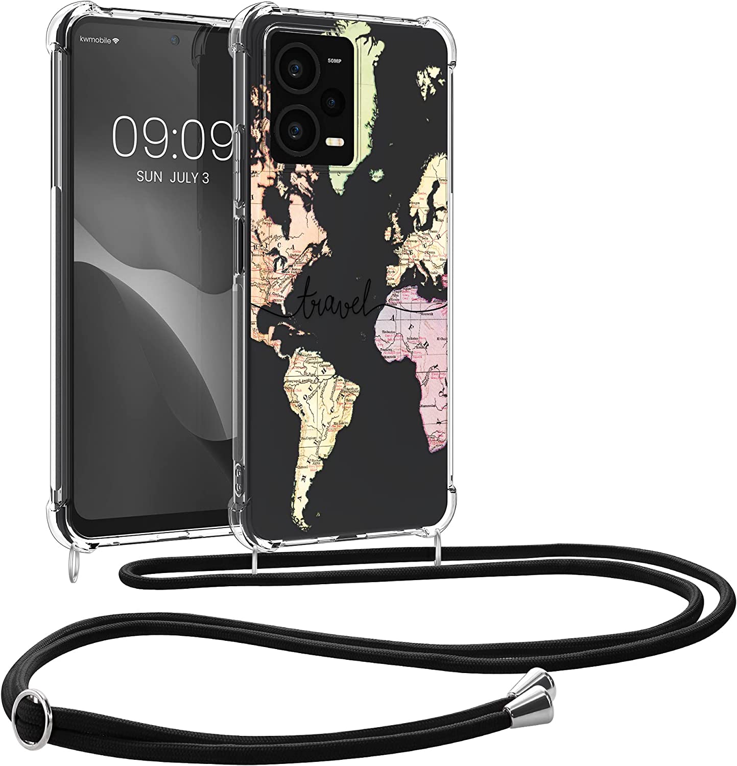 KW Xiaomi Redmi Note 12 Pro Θήκη Σιλικόνης TPU με Λουράκι - Design Travel - Black / Multicolor / Διάφανη - 60716.02