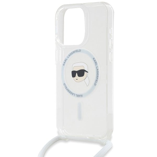 Karl Lagerfeld iPhone 15 Pro Max - Crossbody IML Karl Head - MagSafe Σκληρή Θήκη με Πλαίσιο Σιλικόνης και Λουράκι - Διάφανη - KLHMP15LHCKHNT