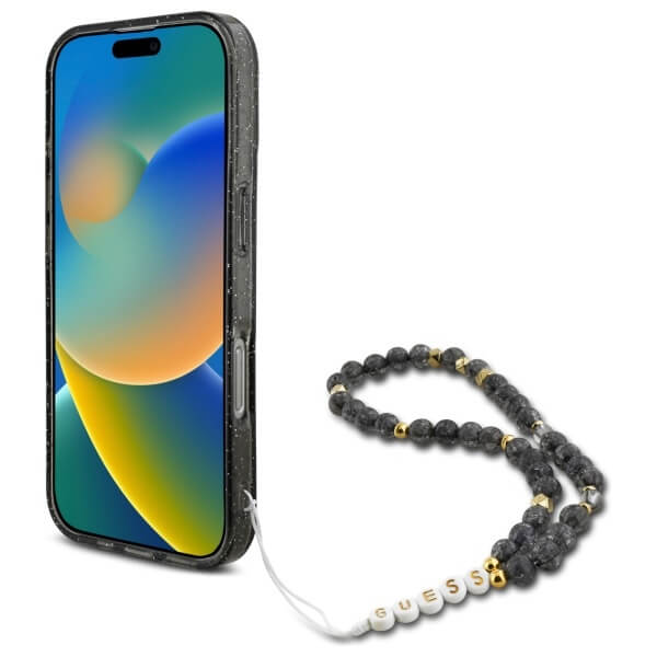 Guess iPhone 16 Pro Max - IML Glitter With Pearl Strap - MagSafe Σκληρή Θήκη με Πλαίσιο Σιλικόνης και Λουράκι - Black - GUHMP16XHGCRELSK